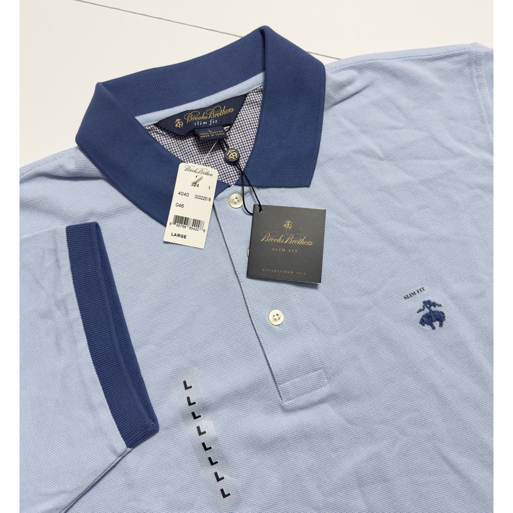 NWT Brooks Brothers Mens Slim Fit Polo Shirt Blue 100% Cotton Sz L Logo Golf